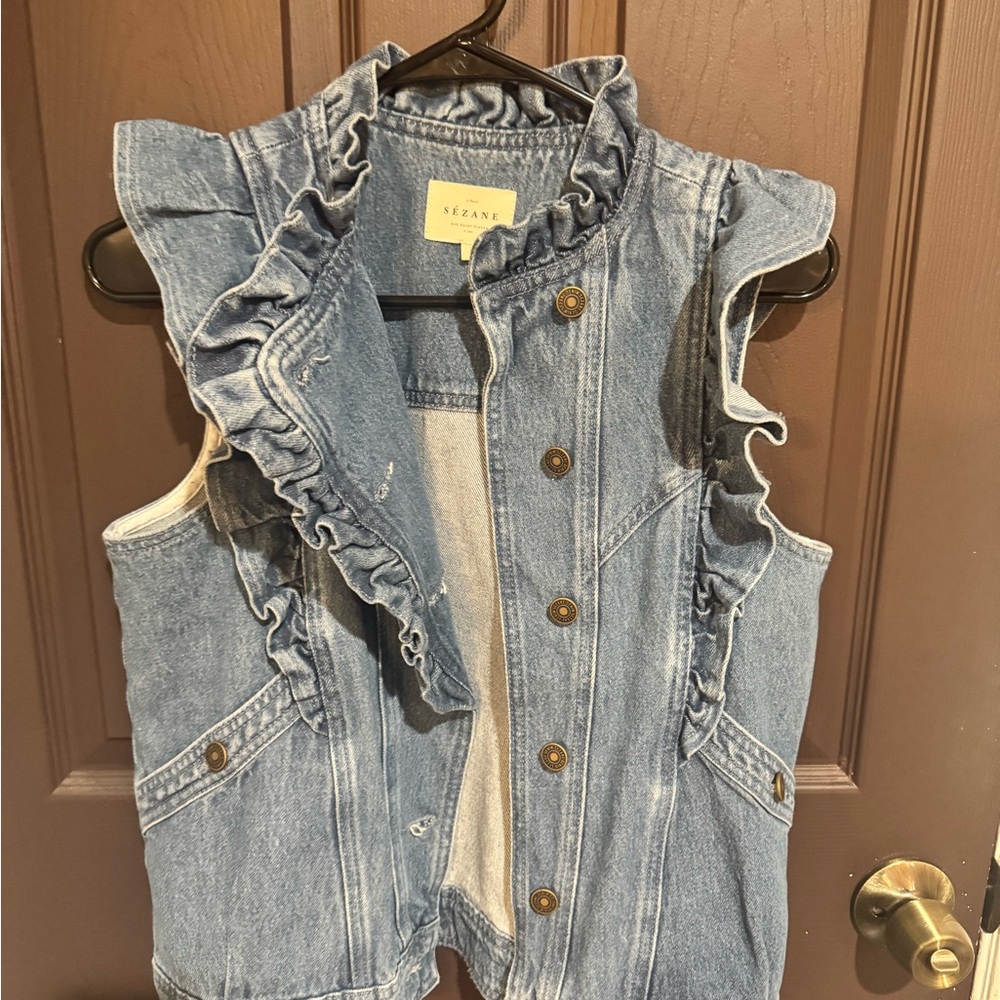 Sézane Blue Denim Ruffled Sleeveless Vest